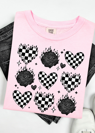 Burning Love: Checkerboard Hearts & Roses Comfort Colors T-Shirt Comfort Colors T-Shirt