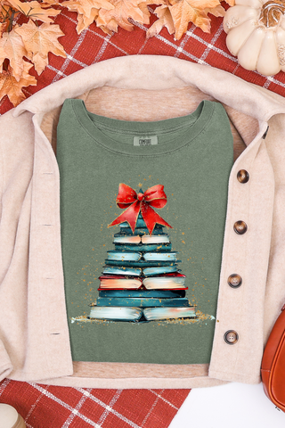 Red Gold Faux Glitter Book Tree Tee